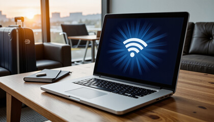 Laptop screen showcasing active Wi-Fi connection in an airport, symbolizing productivity while traveling