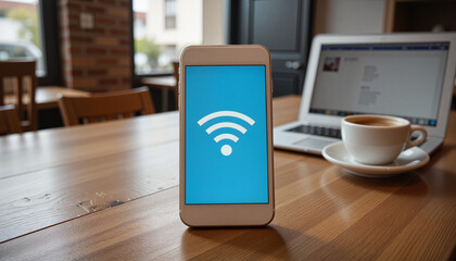 Modern smartphone displaying Wi-Fi symbol on caf&eacute; table with laptop and coffee, seamless connectivity
