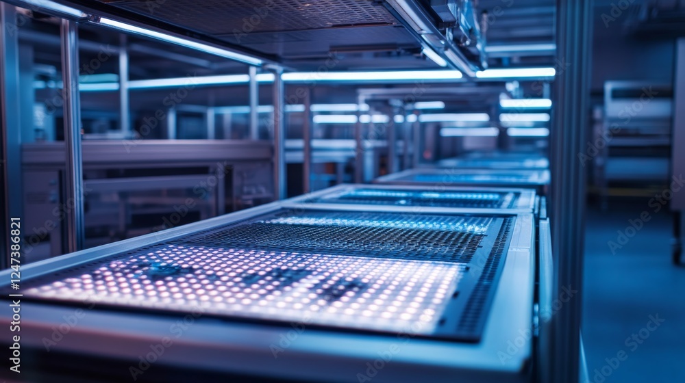 Poster Close-up of a circuit board illuminated by soft blue and white LEDs, emphasizing the complex design and pathways, with space available for additional text