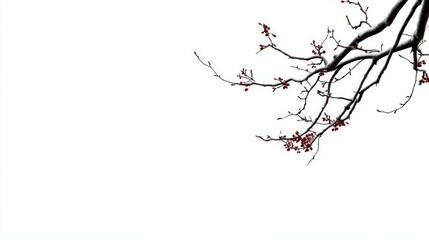 Obraz premium Minimalist cherry blossom branch with red blossoms against white sky