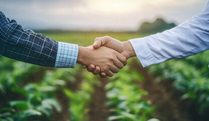 Two farmers shake hands in field. Partnership deal for crop growth. Friendly agreement for farming success. Cooperation in agriculture. Teamwork between people. Positive relationship in rural areas.