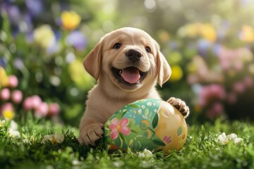 Labrador puppy plays with giant Easter egg in garden - Spring Easter fun