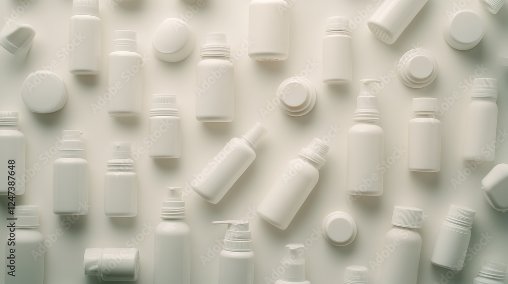 Poster collection of white skincare bottles and jars showcases a clean and organized display against a soft