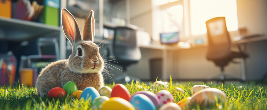 Osterhase sitzt im B&uuml;ro inmitten zahlreicher bunt bemalter Ostereier