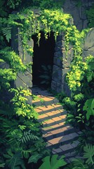 An ancient stone doorway overgrown with vines in a jungle