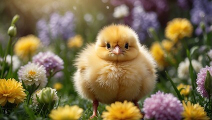 Easter chick on spring floral background.
