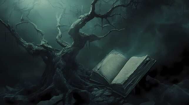 A haunting tree twisted into demonic shapes, roots tangled, a cursed book with grey highlights hovers nearby, glowing with dark energy. Cursed & Haunted Objects. Illustration