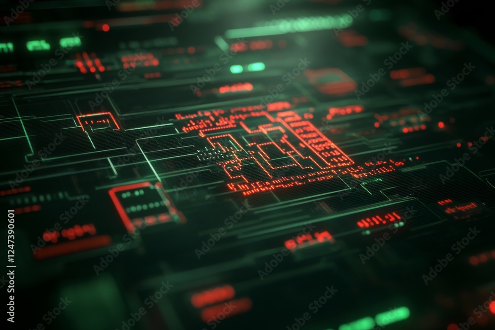 Fototapete Glowing binary code flows across a digital interface on a computer screen, showcasing web development functions with space on the right for additional content