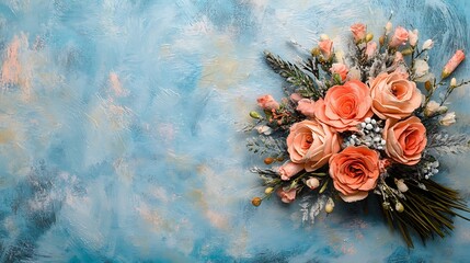Peach roses bouquet, blue background, greeting card
