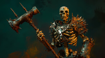 A skeletal knight with charred bones encased in rusted, spiked armor, wielding a cursed mace. videogame 3d model, a-pose, simple background. Cursed & Haunted Objects. Illustration