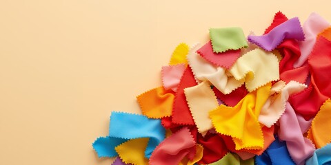 Vibrant Collection Of Colorful Fabric Scraps In Various Textures And Shades On A Soft Beige Background
