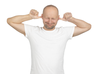 Annoyed man in white t-shirt covering ears with fingers