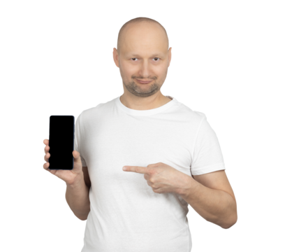 Confident man in white t-shirt pointing at smartphone screen