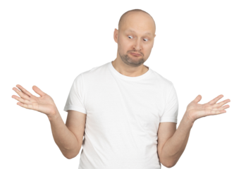 Confused man in white t-shirt shrugging with a puzzled expression