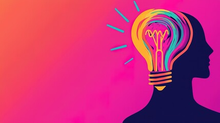Abstract representation of creativity, a glowing lightbulb emerging from a head with flowing lines and vibrant colors, symbolizing the birth of bright ideas and creative thinking