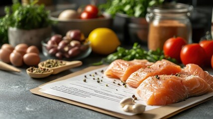 Nutrition consultation, close-up of diet plan on a clipboard, healthy foods in background
