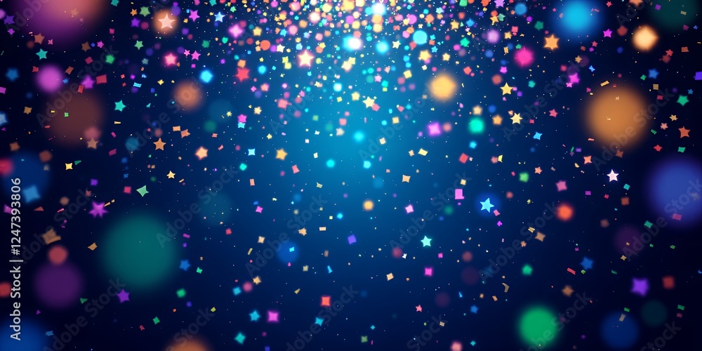 Poster vibrant colorful confetti falling against a deep blue background creating a joyful atmosphere for pr