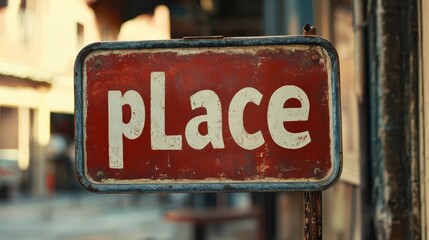 Fototapeta premium Rustic Red Vintage Sign with Bold Hand-Painted White Text and Weathered Edges in a Sunlit Urban Neighborhood Scene