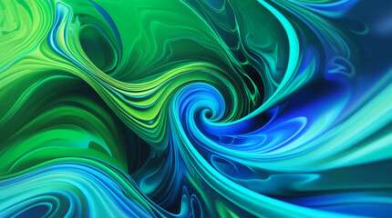 Psychedelic background in green, blue, and cyan tones, perfect for creative design. A mesmerizing mix of swirling, abstract patterns with vivid gradients and organic shapes