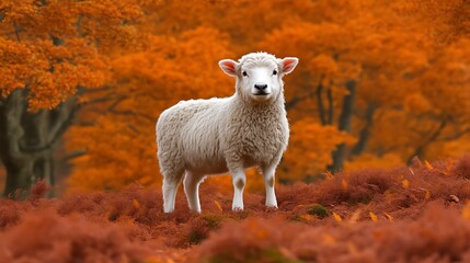 Obraz premium White Lamb Standing in Autumn Woods