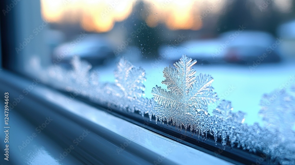 Poster frost patterns on a window with a snowy landscape in the background.