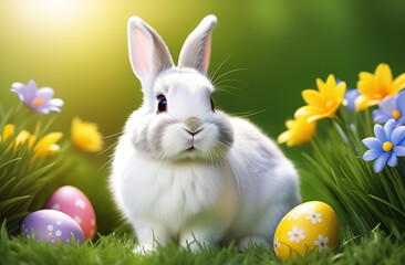 Cute easter bunny with eggs on green Grass