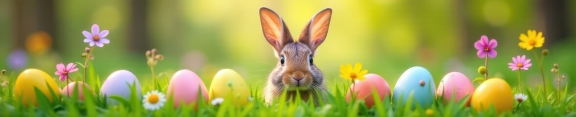 Fototapeta premium Adorable bunny peeks from behind a patch of blooming wildflowers amidst Easter eggs and green grass, flowers, meadow