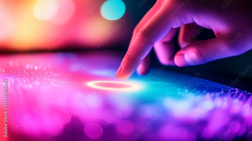 Poster a close-up captures a hand interacting with a high-tech touch screen. a glowing target sits amid viv