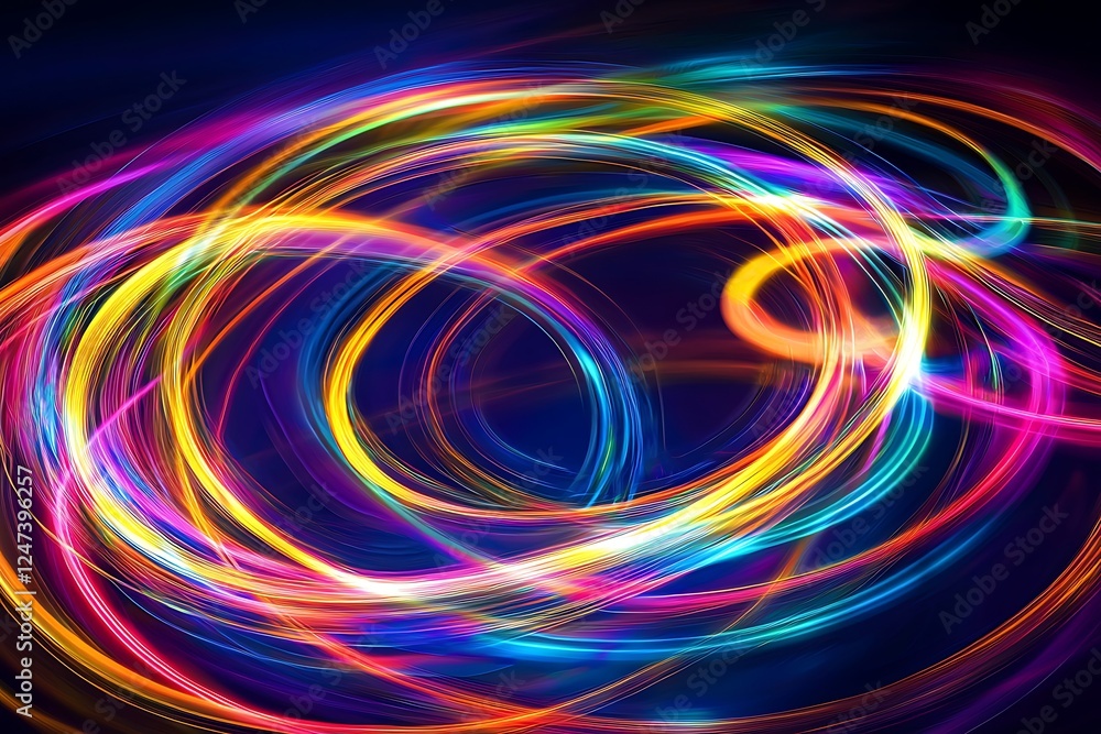 Poster abstract colorful circular lines on a dark blue background, symbolizing the dynamic flow digital dat