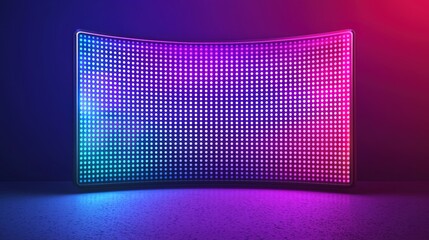 Authentic concave LED display for a wall or platform, showcasing a large TV display with vibrant neon blue and purple dot lights, resembling a stadium digital scoreboard, depicted in vector 