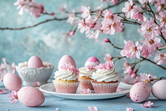 Easter Brunch Background with Festive Table, Cupcakes, Painted Eggs, and Blooming Cherry Blossoms