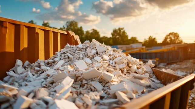 Large container brimming with concrete debris sits prominently at a demolition site, showcasing the ongoing renovations and construction efforts in action