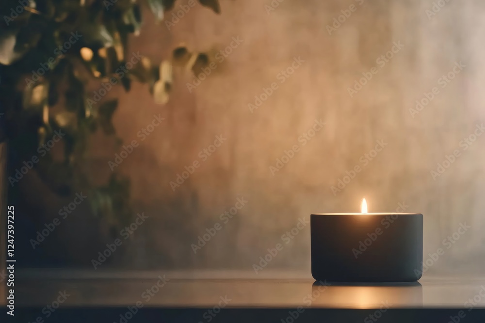 Aufkleber A lit candle in a sleek black holder illuminates a textured beige wall, creating gentle shadows and offering tranquility in a minimalist setting