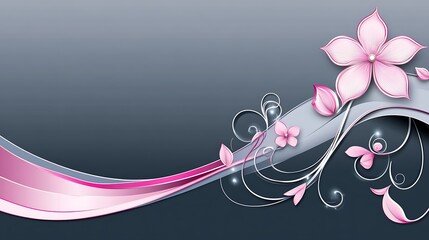 Pink Flowers and Swirling Design on Grey Background