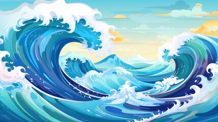 Vibrant Playful Ocean Waves in Cartoon Style Illustration. Dynamic Blue Sea Wave, Surf, and Foam Art