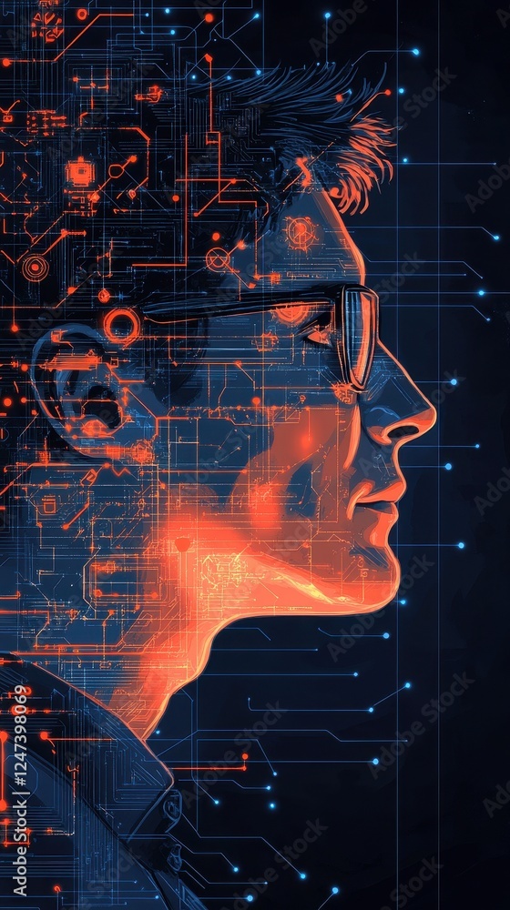Aufkleber profile of a man overlaid with digital circuit patterns