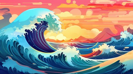 Fototapeta premium Vibrant Playful Ocean Waves in Cartoon Style Illustration. Dynamic Blue Sea Wave, Surf, and Foam Art