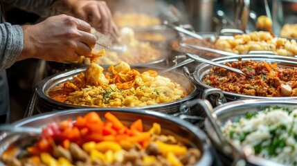 Obraz premium Street food vendor, close-up of hands serving vibrant street food, bustling market backdrop