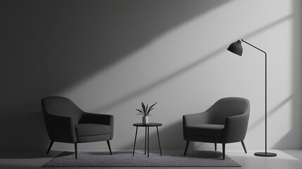 Minimalist Living Room Scene with Two Armchairs and Floor Lamp