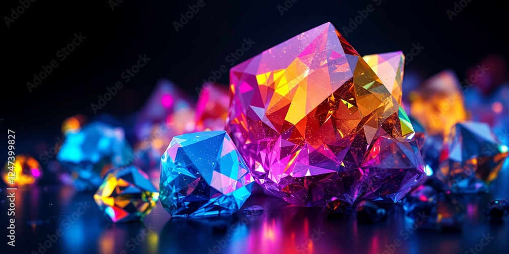 Poster vibrant gemstones with reflections and light playing on a dark surface creating a magical atmosphere