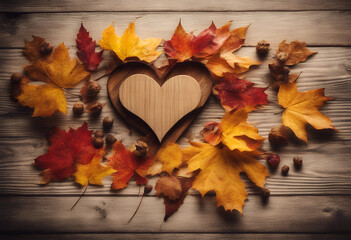 Obraz premium autumn heart bright card greeting colourful leaves hello wooden season thanksgiving fall decorated backdrop background table board atmosphere beautiful calendar concept cone decoration design