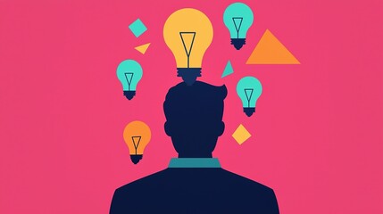 Bright idea symbol illuminated above a person's head, with creative lightbulbs and abstract shapes surrounding it, representing innovation and creativity