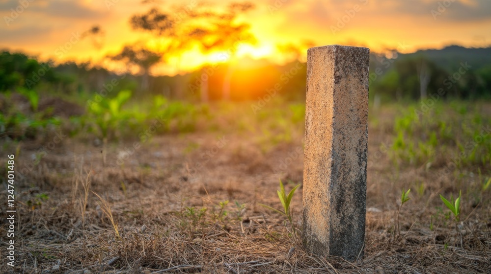 Poster Close-up of a rustic stone pedestal standing in nature with trees and lush greenery, illuminated by soft sunset lighting, creating a serene atmosphere