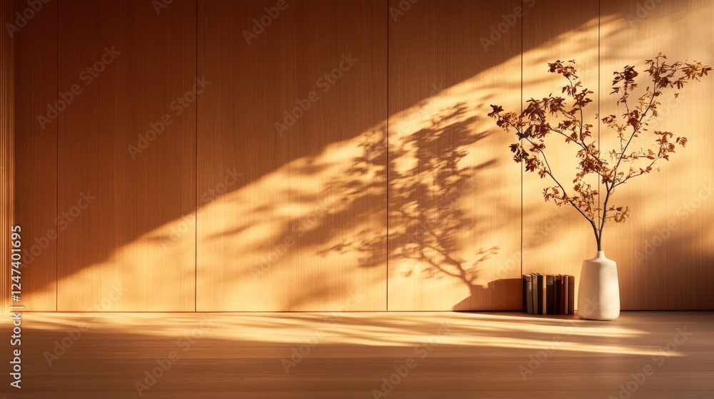 Poster a minimalist space showcases a white vase with dried flowers and a stack of books, bathed in gentle 