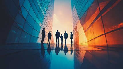Fototapeta premium Group of business people silhouettes in modern office building and business network concept. Human resources with pastel innovation charts and graphs with statistics to analyze business
