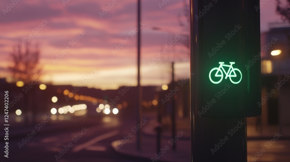 Poster close-up of a traffic light post displaying a glowing green bicycle symbol, with a vibrant dusk sky 