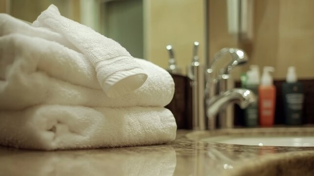 Folded white towels rest on a clean bathroom shelf, complemented by an assortment of neatly arranged toiletries in an organized and serene setting