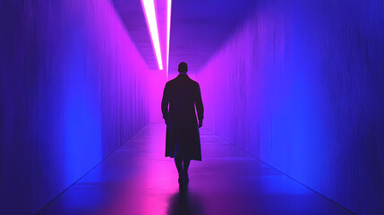 Neon noir: futuristic cyberpunk alleyway with lone figure in trench coat - 3d render illustration. Neon Noir Aesthetics. Illustration