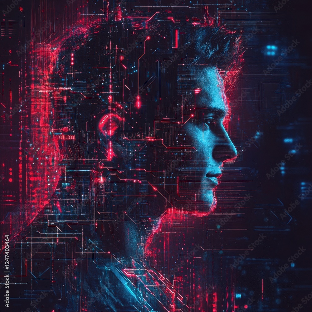 Poster profile of a man overlaid with digital circuitry pattern
