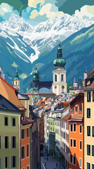 Obraz premium Illustration, Cityscape of Innsbruck, the capital city in tyrol, Austria , touristic advertisement poster. Beautiful tourist destination, must-see location. Medieval city in the alps at the river Inn.